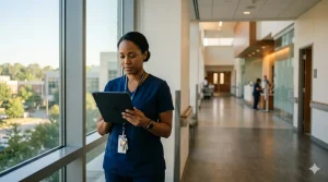 A nurse in dark blue scrubs stands near a hospital window reviewing a shift scheduling dashboard on a tablet, with a bright modern hospital corridor visible in the background.
