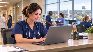 Smart Square ECU Health: complete login guide and scheduling overview for ECU Health staff (2026) 1 A nurse in navy scrubs reviews a shift scheduling dashboard on a laptop at a nurses' station inside a rural North Carolina hospital, with warm interior lighting and a small-town landscape visible through the windows in the background.