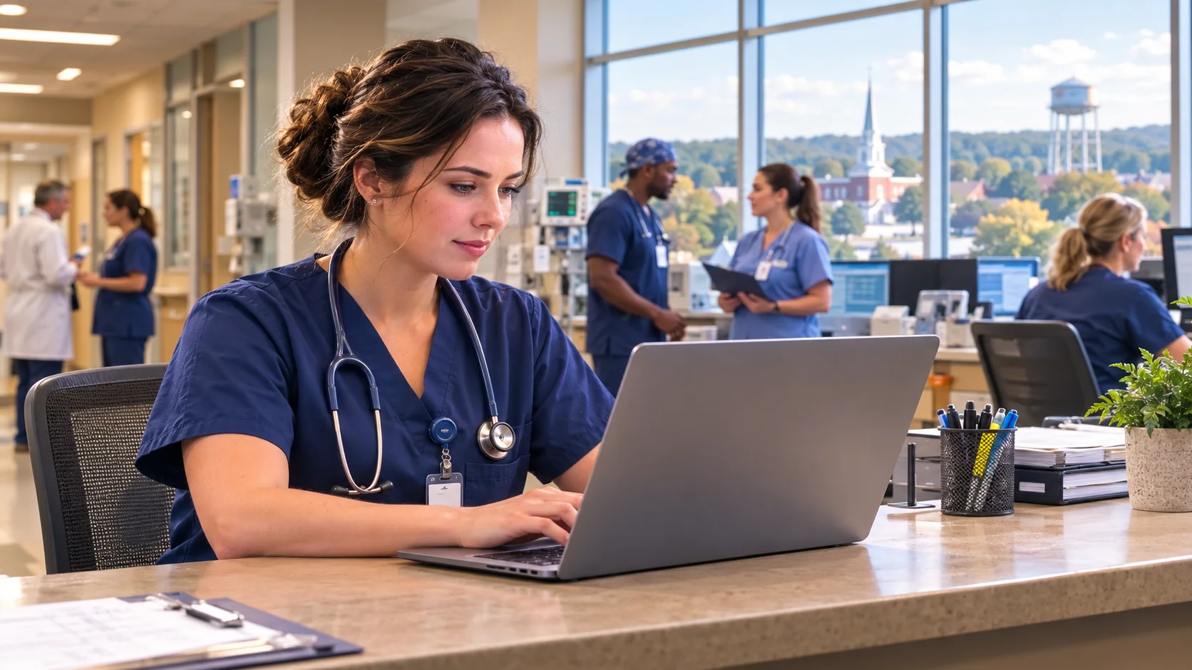 Smart Square ECU Health: complete login guide and scheduling overview for ECU Health staff (2026) 1 A nurse in navy scrubs reviews a shift scheduling dashboard on a laptop at a nurses' station inside a rural North Carolina hospital, with warm interior lighting and a small-town landscape visible through the windows in the background.