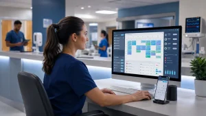Seamless Shift Management: Mastering Your Smart Square - Login Experience and Beyond 1 Modern hospital nurse in navy-blue scrubs using a computer with a digital shift scheduling dashboard at a healthcare workstation.